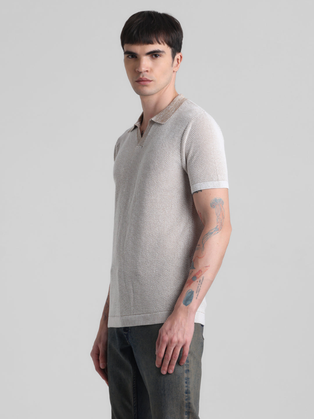 Beige Flat Knit Cotton Polo