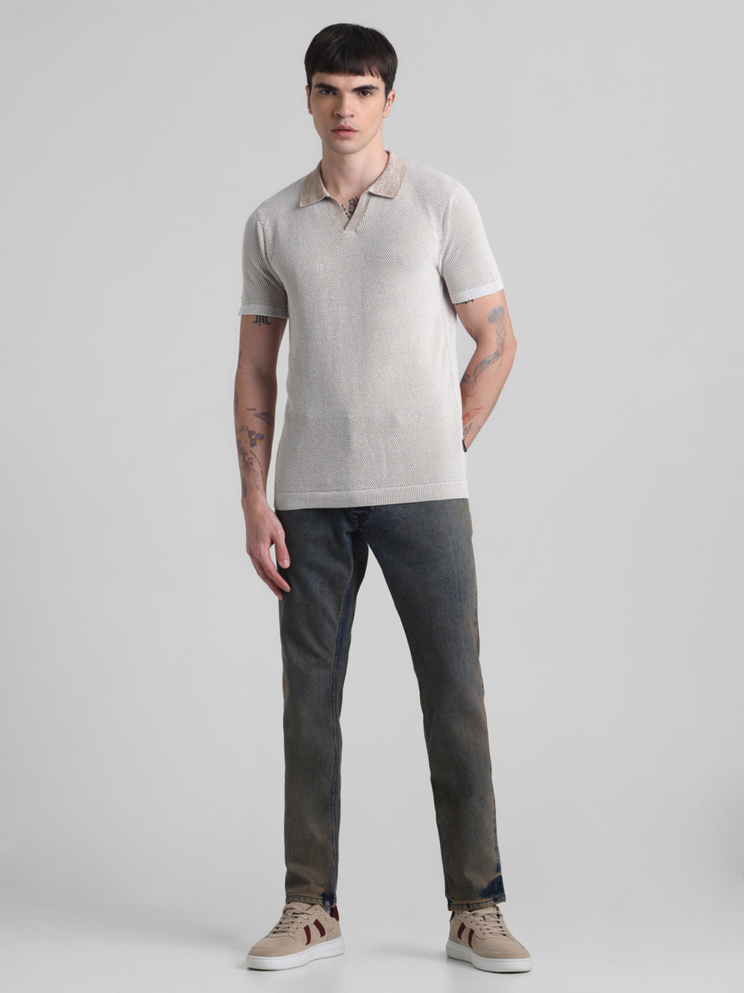 Beige Flat Knit Cotton Polo