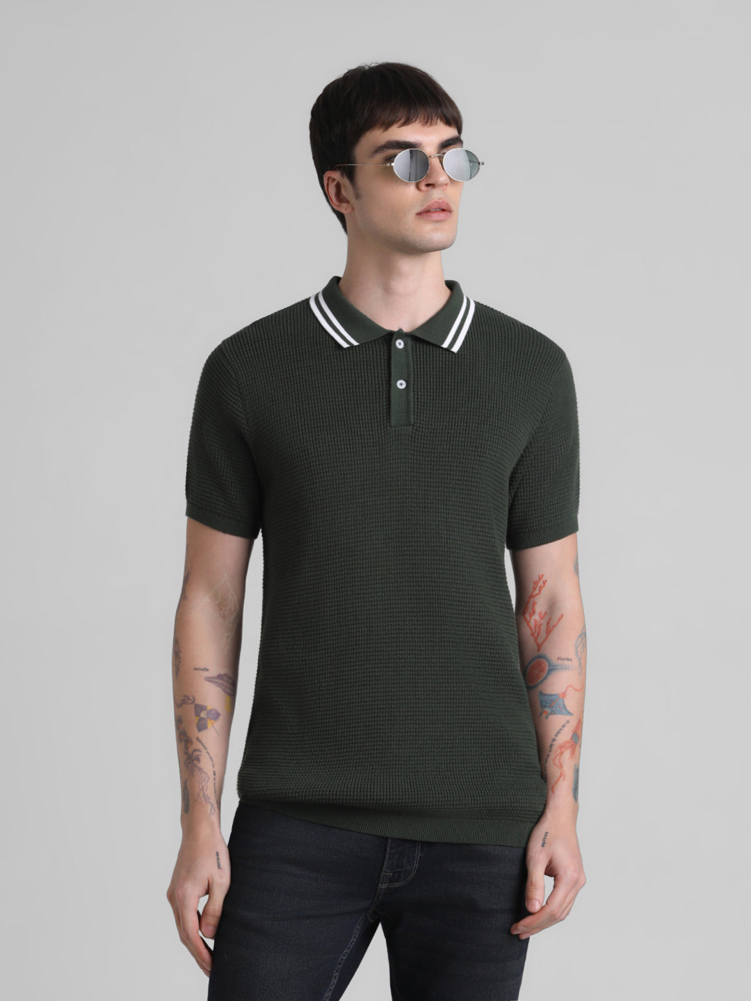 Textured Contrast Collar Knit Polo - S