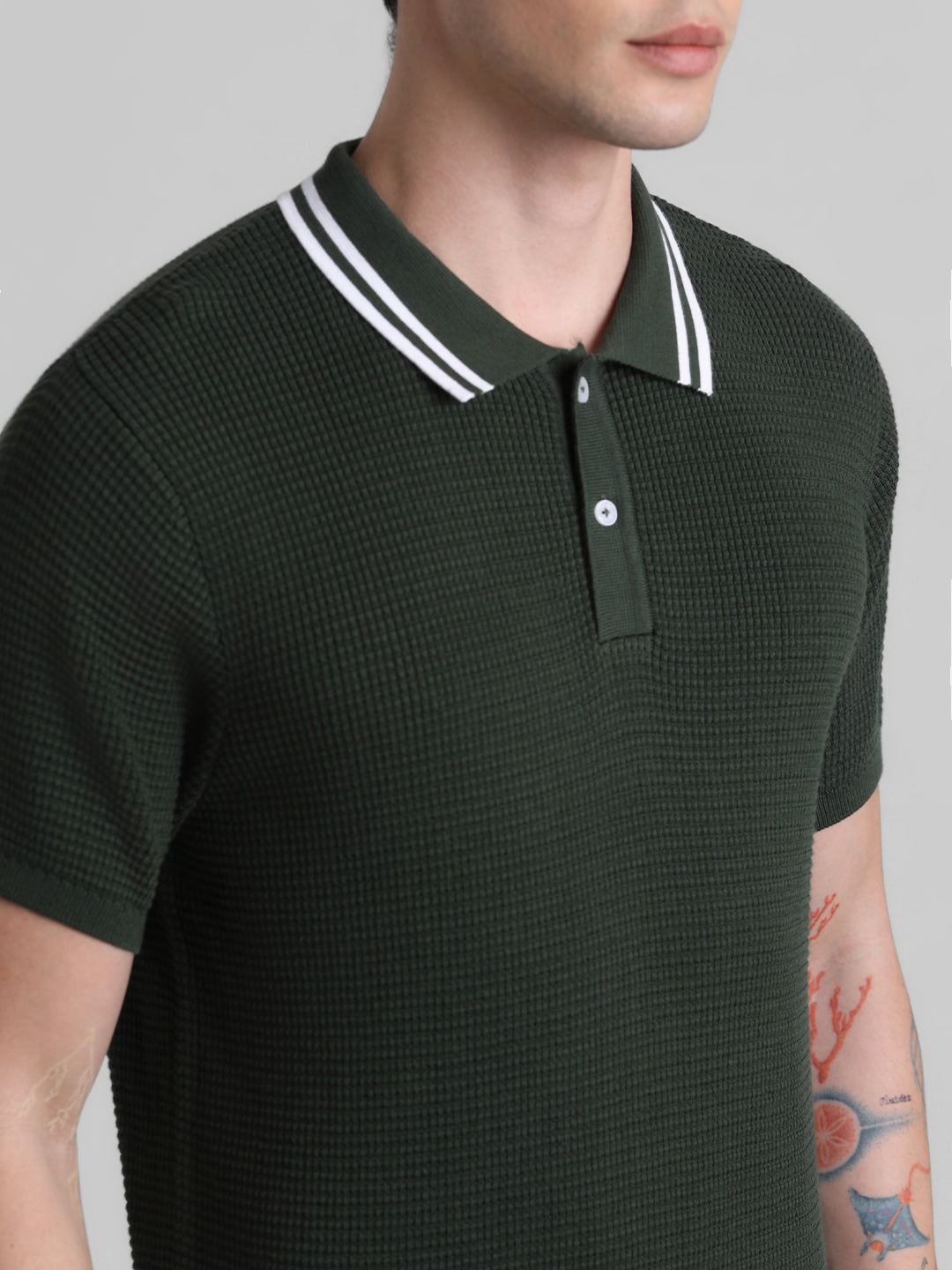 Textured Contrast Collar Knit Polo
