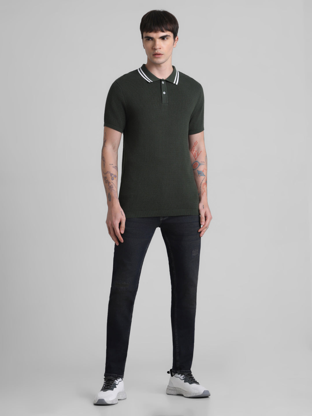 Textured Contrast Collar Knit Polo