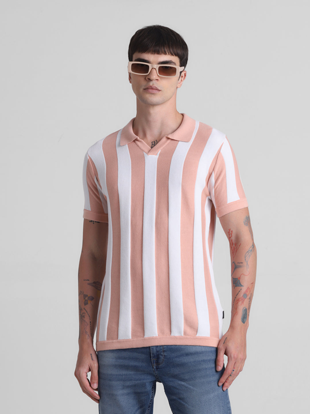 Colourblocked Striped Flat Knit Polo - M
