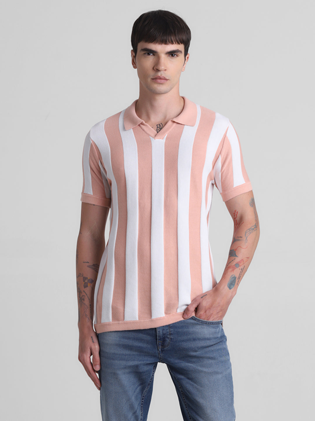 Colourblocked Striped Flat Knit Polo