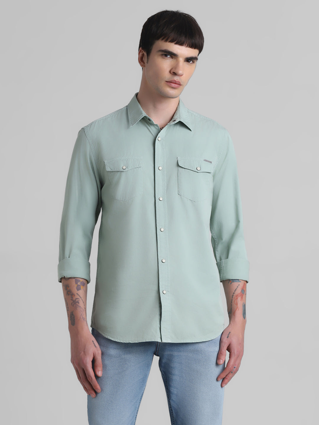 Light Green Denim Full Sleeves Shirt