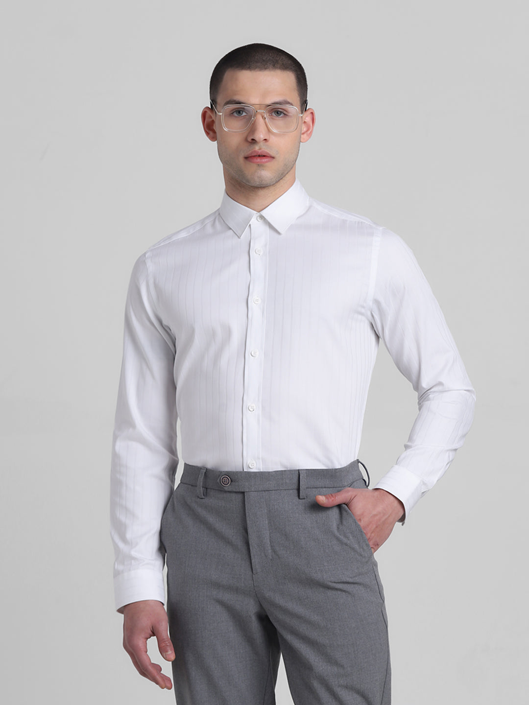 White Dobby Striped Shirt - S
