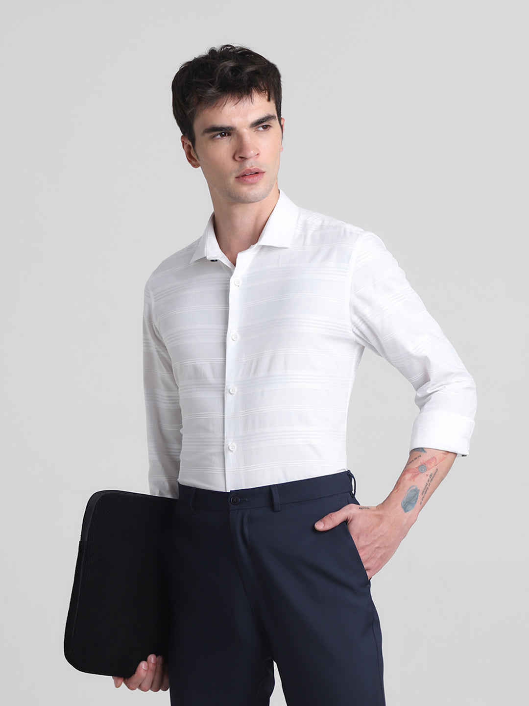 White Dobby Striped Cotton Shirt - S