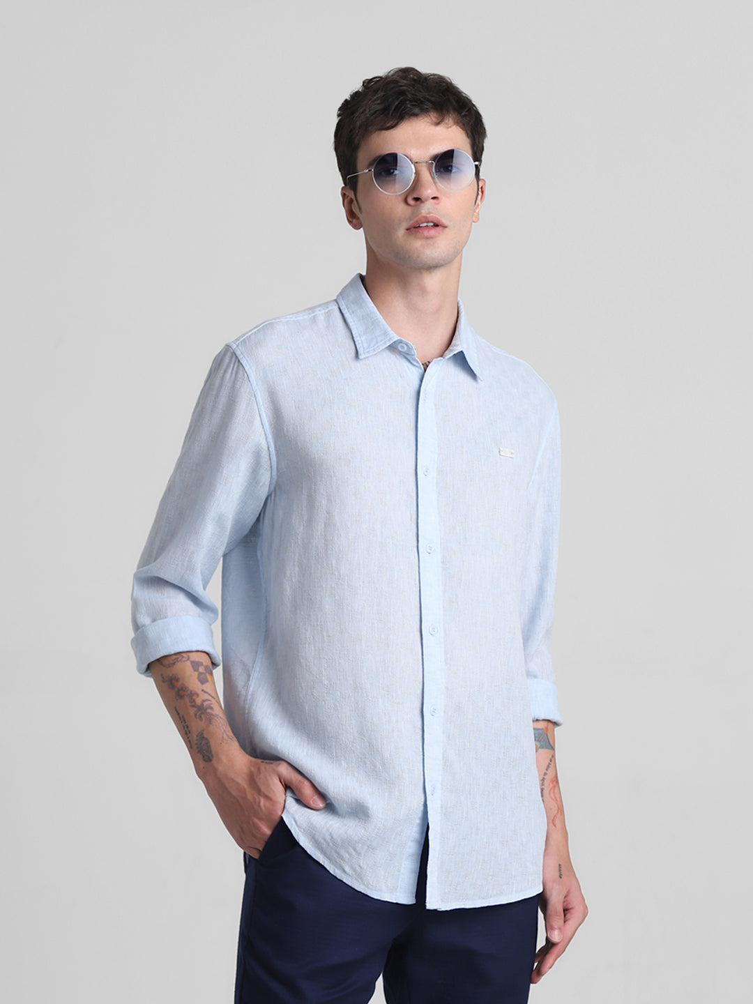 Light Blue Linen Blend Dobby Shirt - S