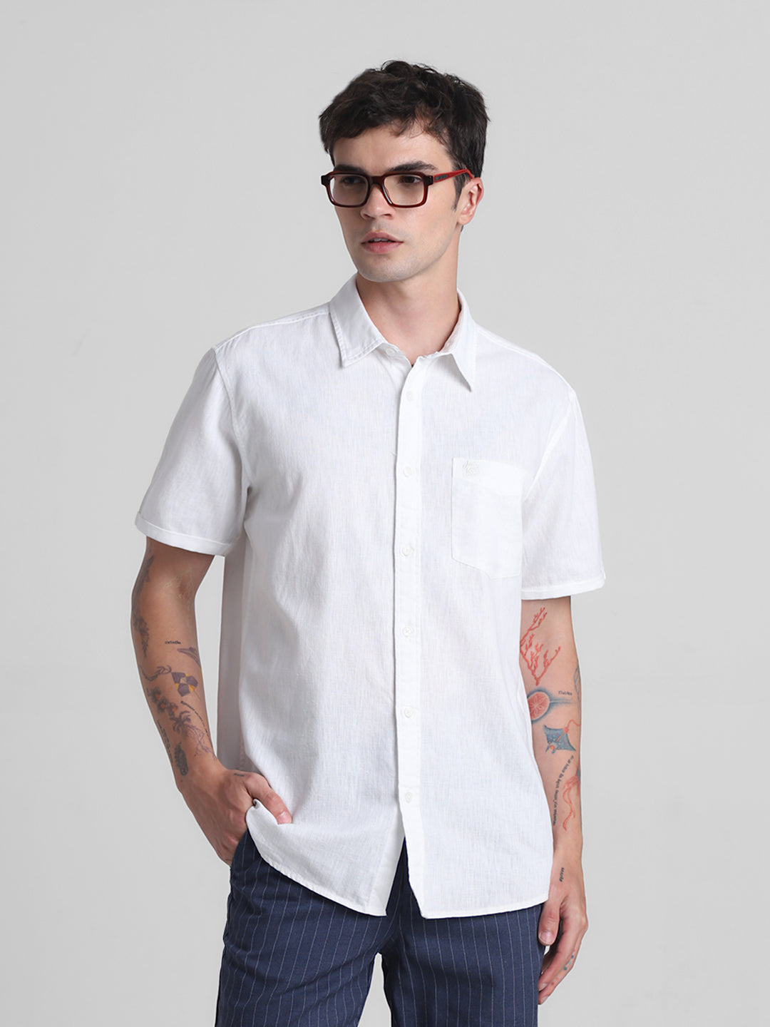 White Linen Blend Short Sleeves Shirt - M