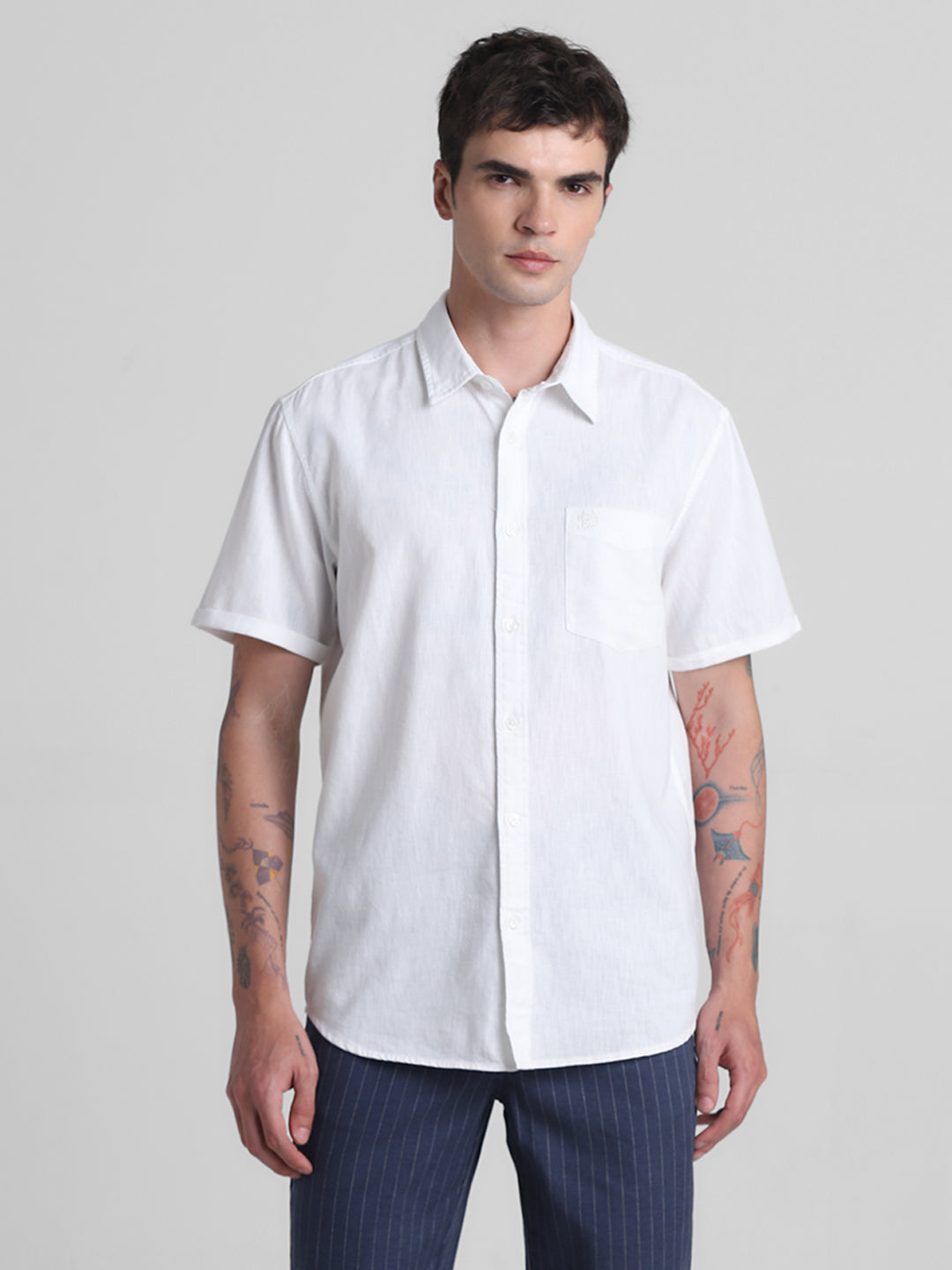 White Linen Blend Short Sleeves Shirt