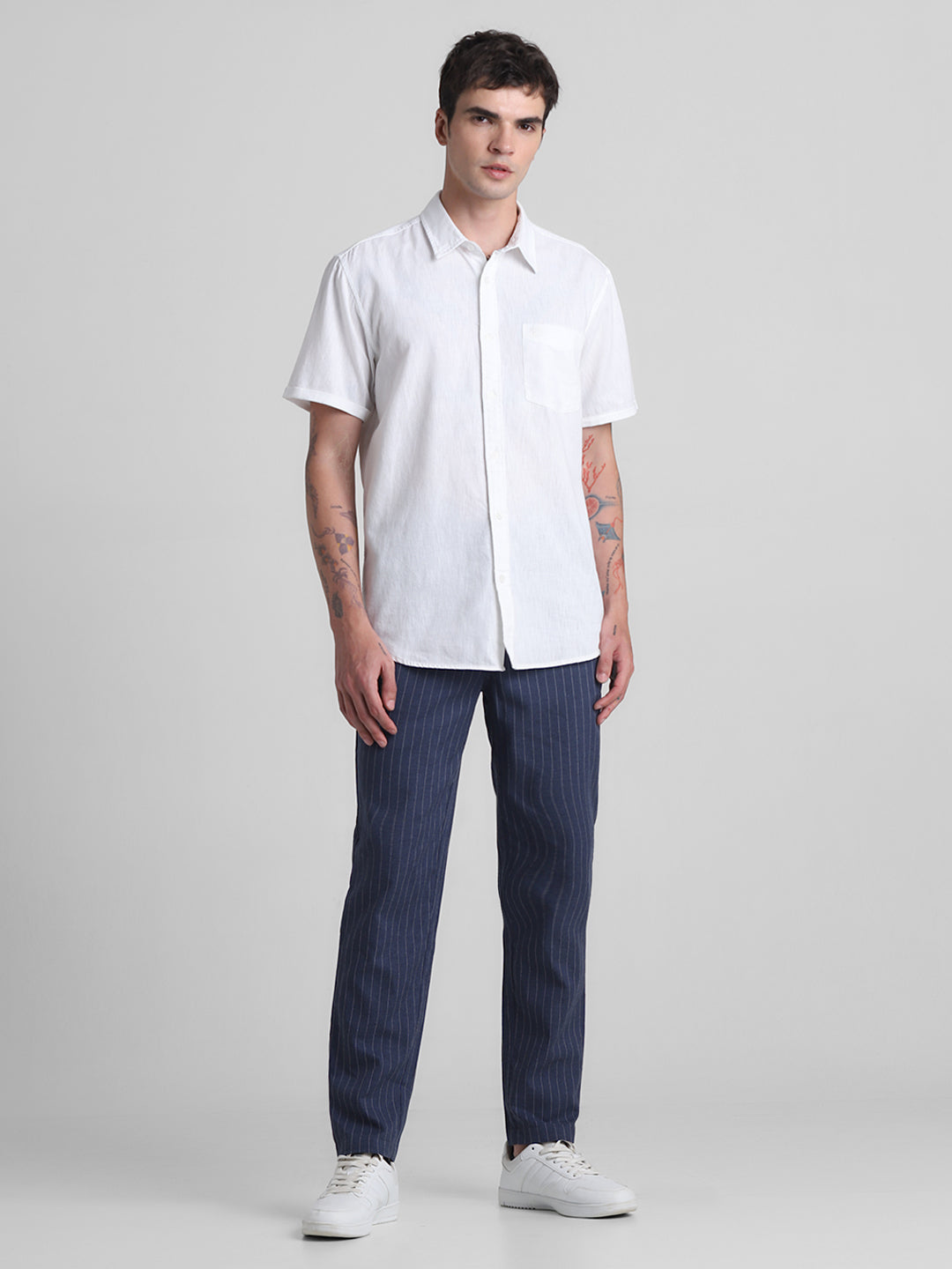 White Linen Blend Short Sleeves Shirt