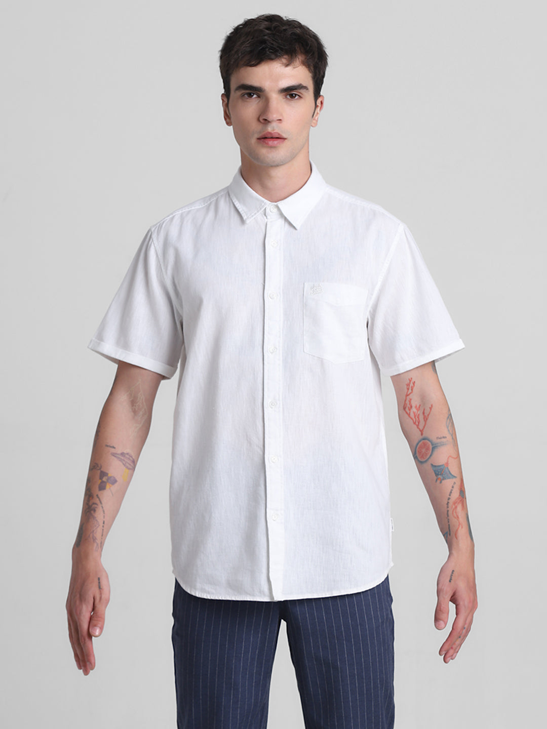 White Linen Blend Short Sleeves Shirt