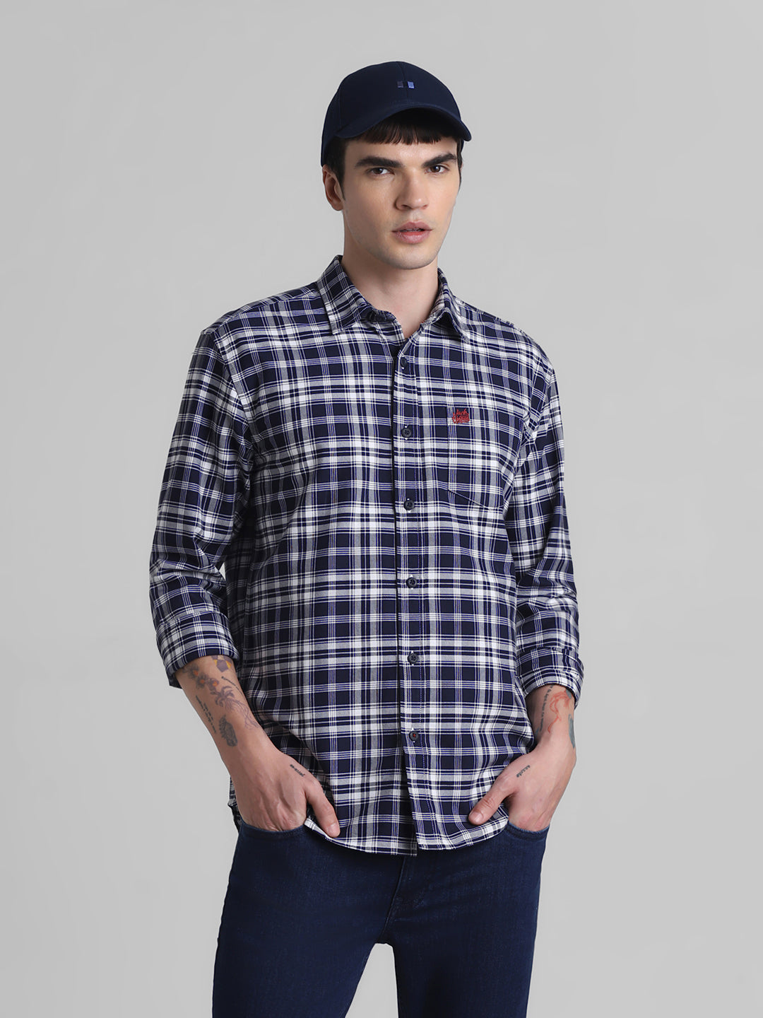 Navy Check Patch Pocket Cotton Shirt - S