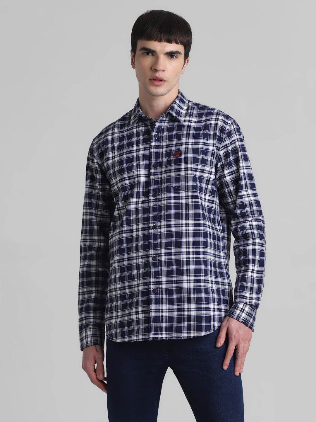 Navy Check Patch Pocket Cotton Shirt