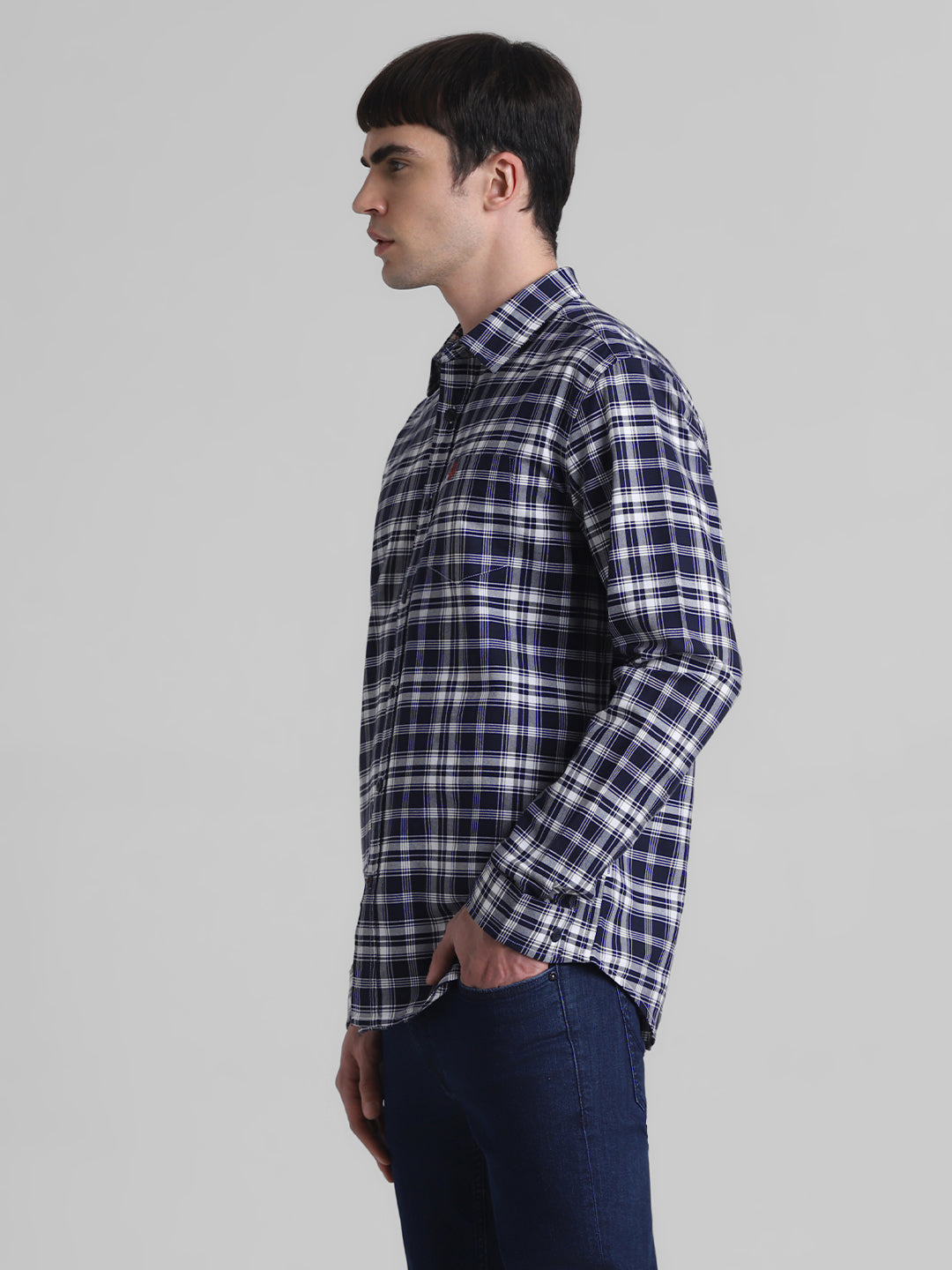 Navy Check Patch Pocket Cotton Shirt