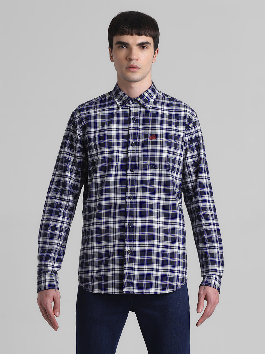 Navy Check Patch Pocket Cotton Shirt