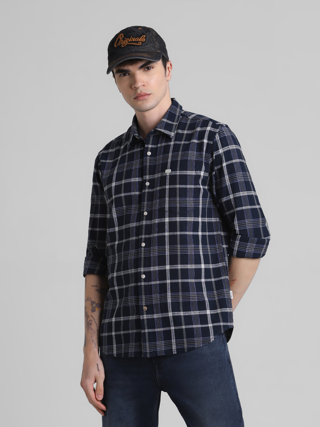 Navy Blue Check Patch Pocket Shirt - S