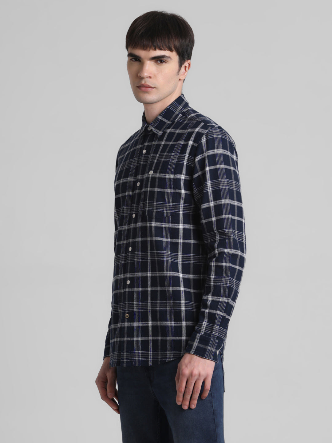 Navy Blue Check Patch Pocket Shirt