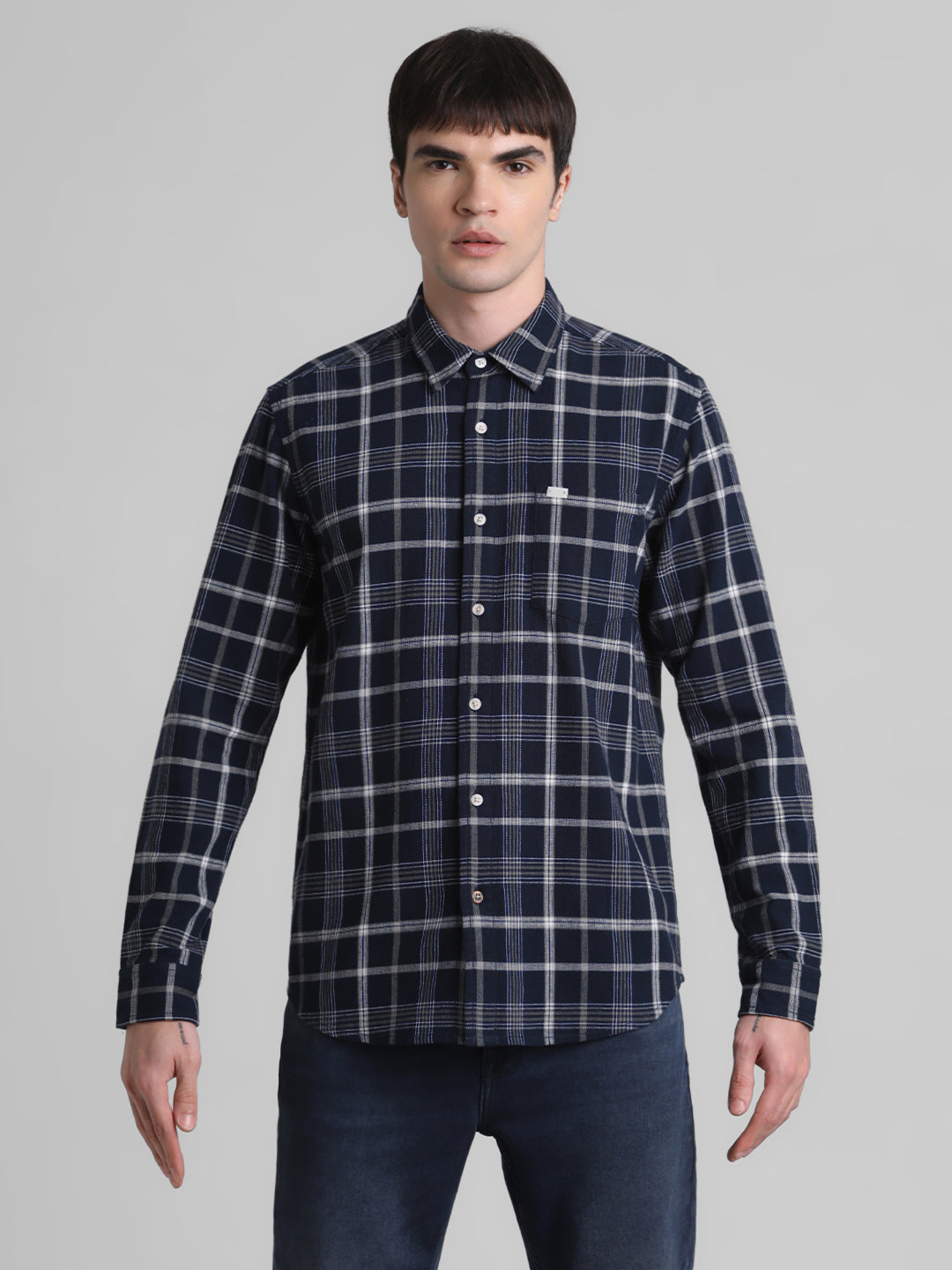 Navy Blue Check Patch Pocket Shirt