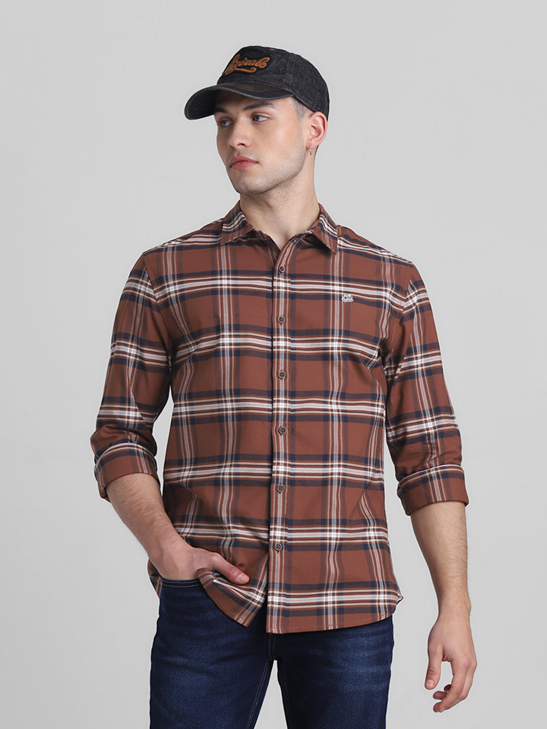 Dark Brown Check Cotton Shirt - S