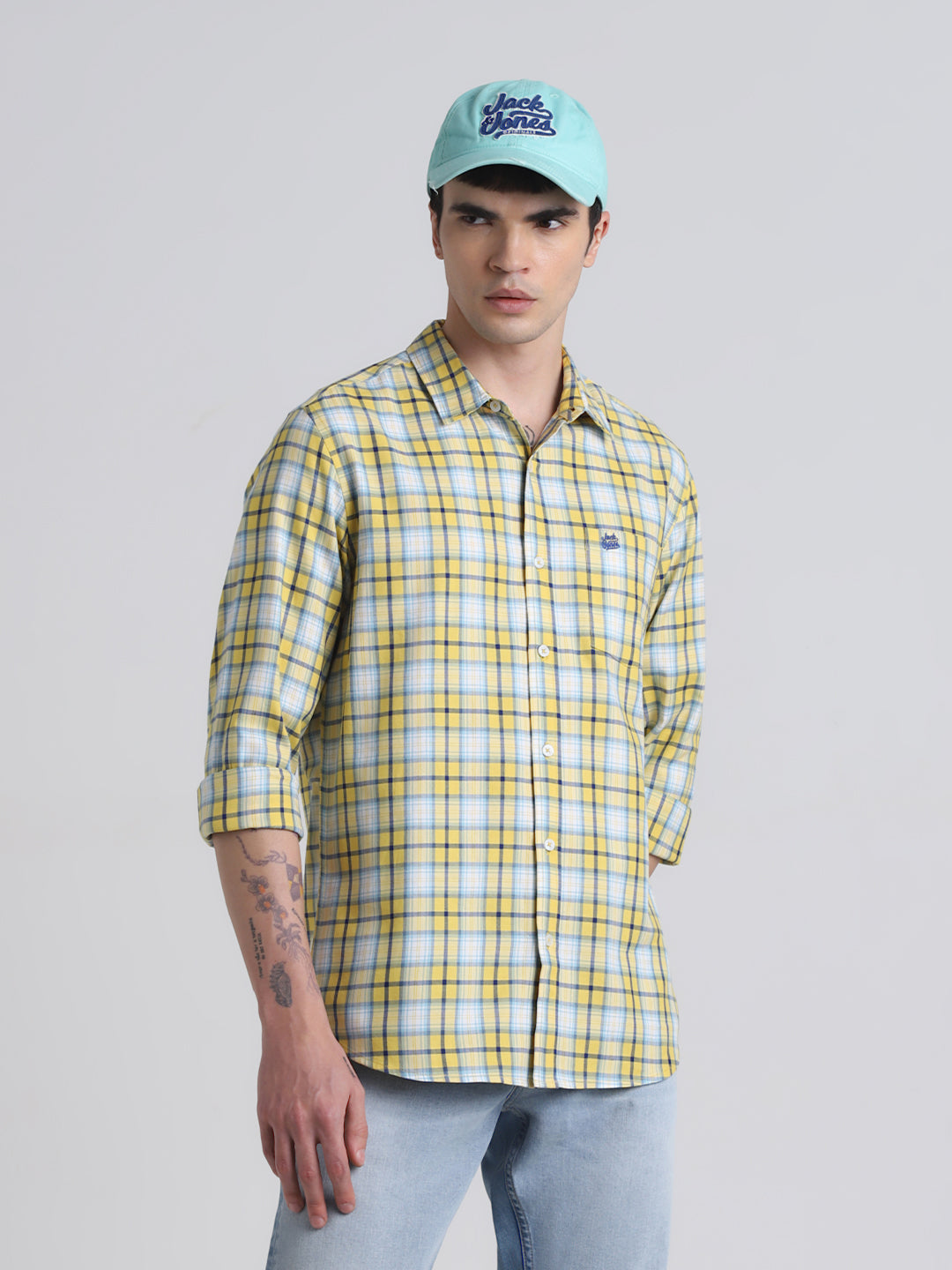 Yellow Check Cotton Shirt - L