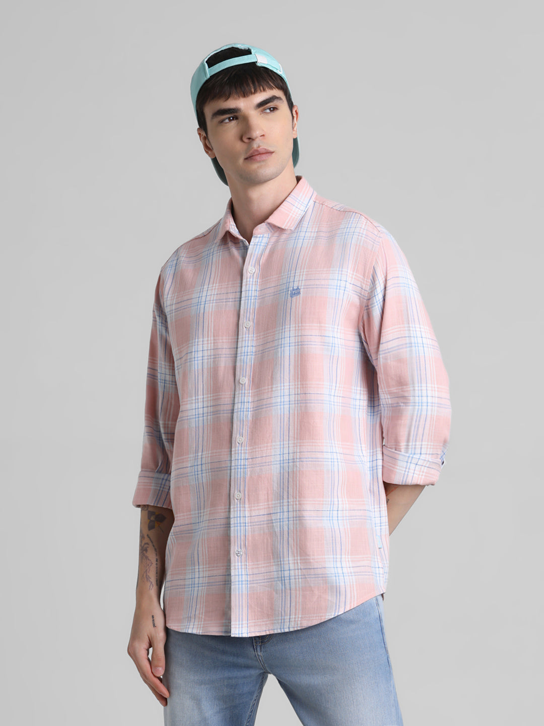 Coral Pink Check Cotton Shirt