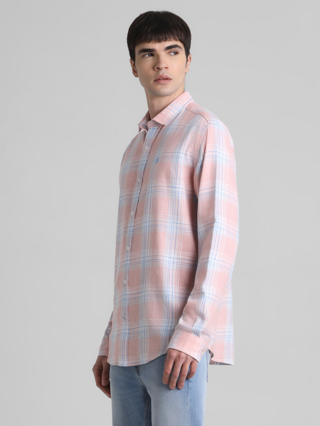 Coral Pink Check Cotton Shirt