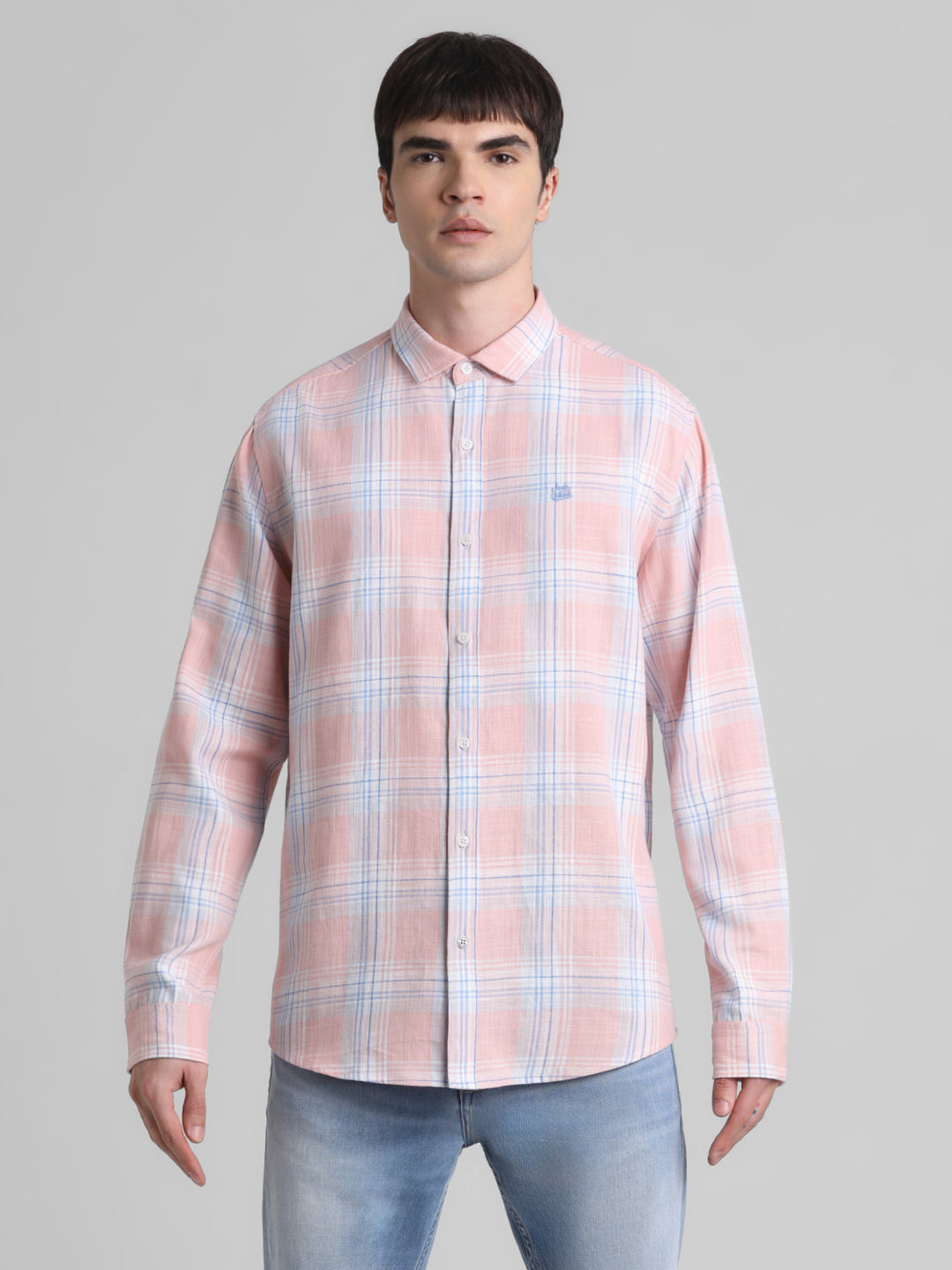 Coral Pink Check Cotton Shirt