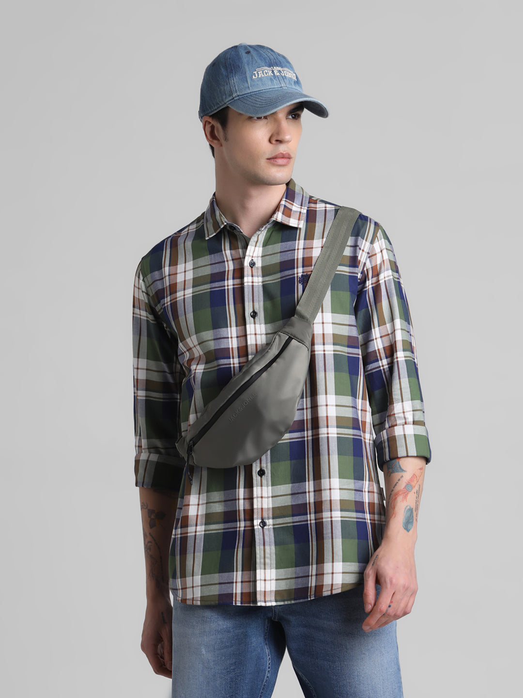 Olive Green Check Cotton Shirt - S
