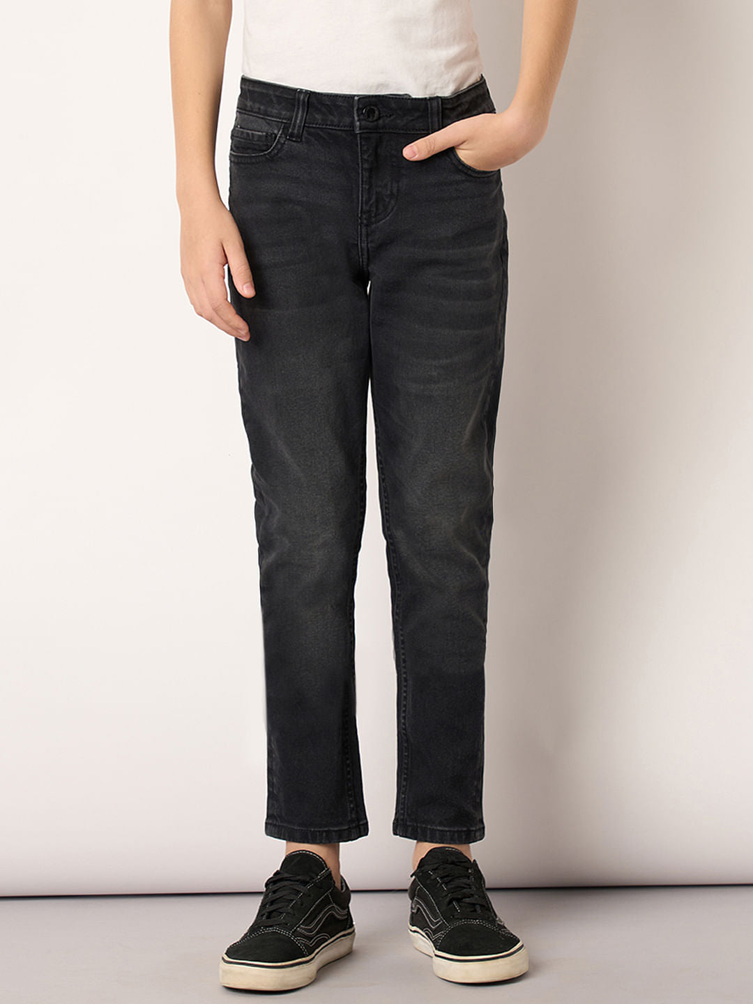 Boys Dark Grey Mid Rise Slim Fit Jeans