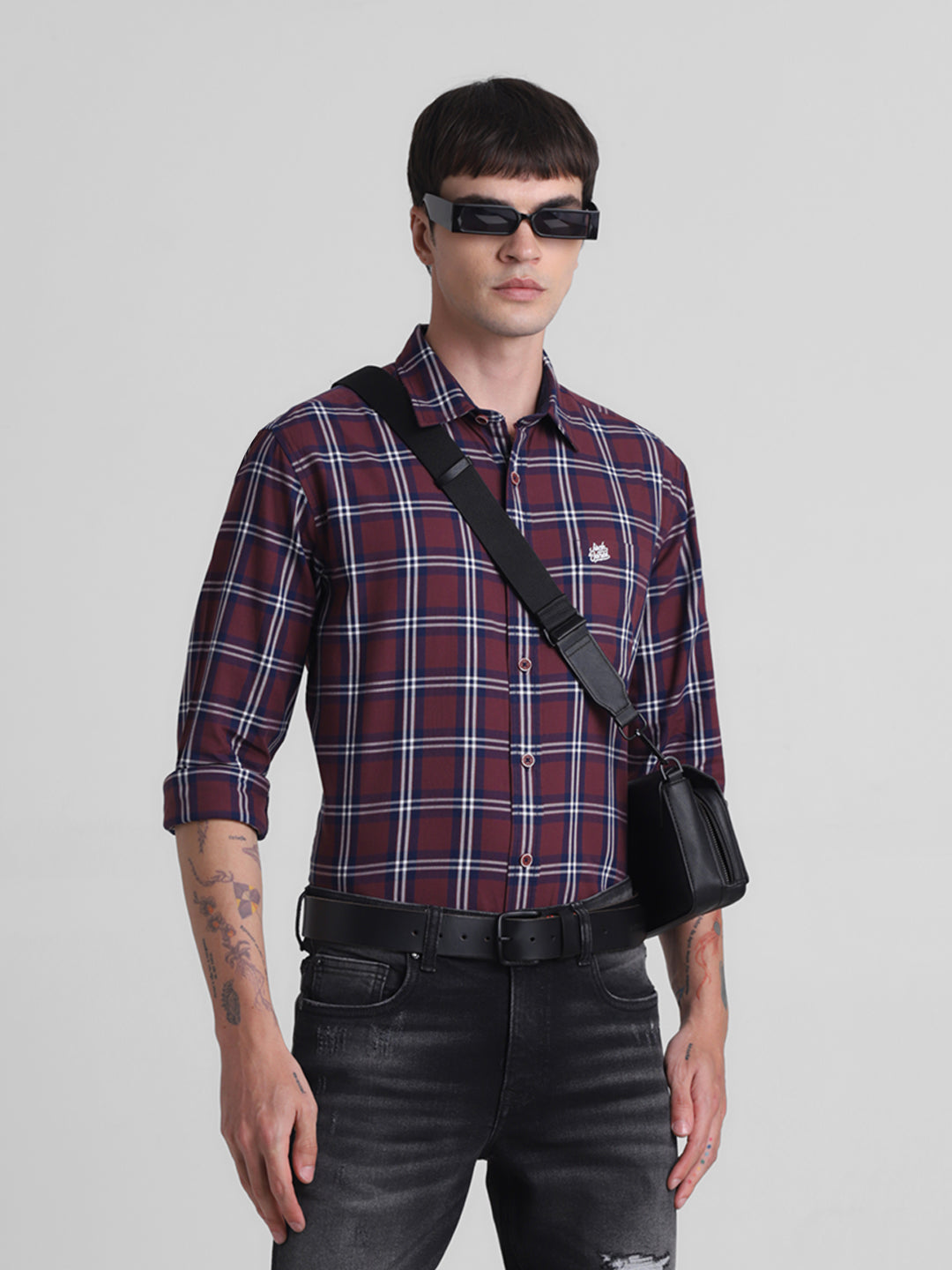 Dark Red Check Cotton Shirt - L