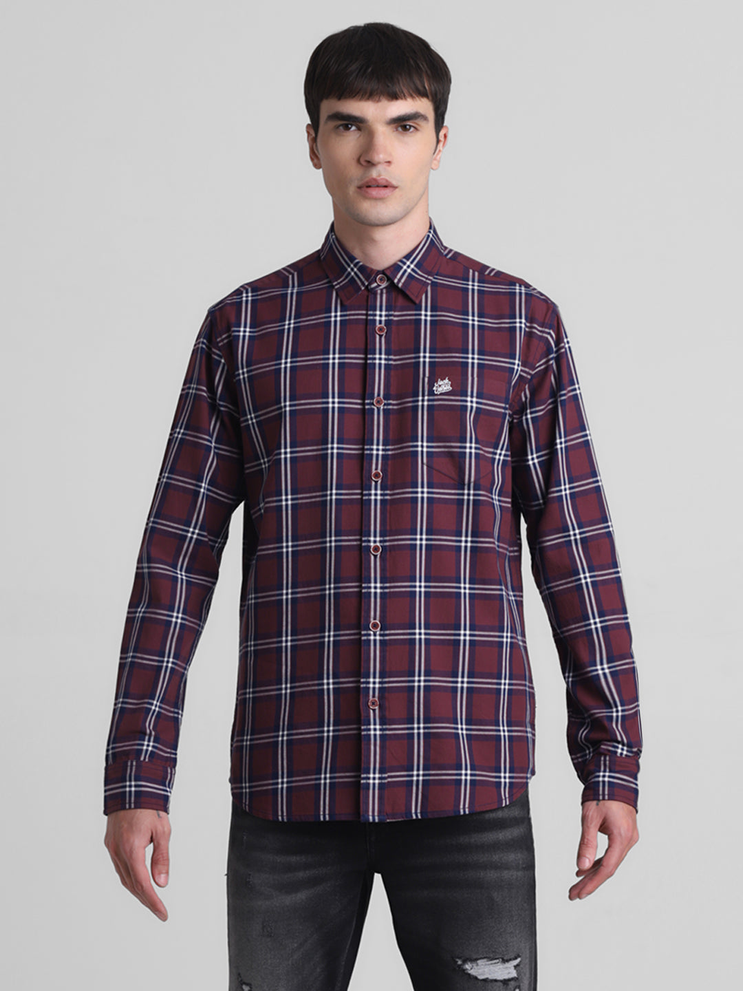 Dark Red Check Cotton Shirt