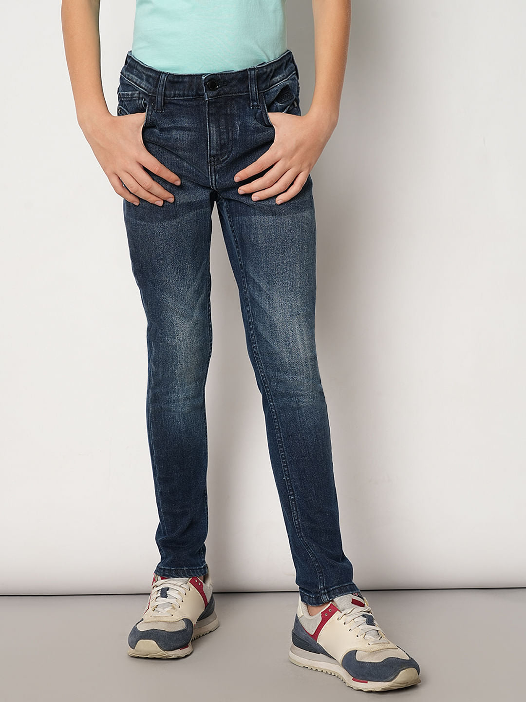 Boys Dark Blue Mid Rise Slim Fit Jeans