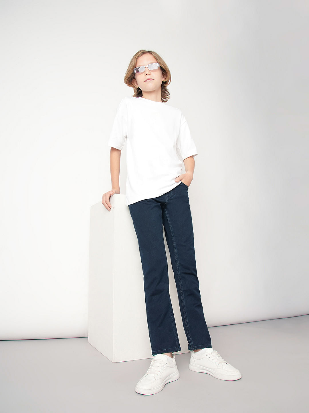 Boys Dark Blue Mid Rise Slim Fit Jeans - 4/5Y