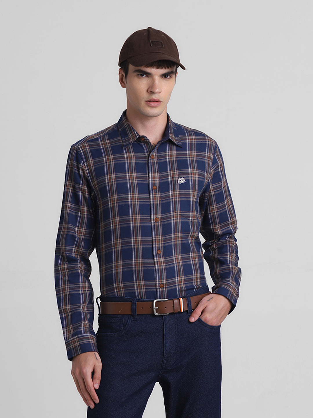 Navy Blue Check Cotton Shirt