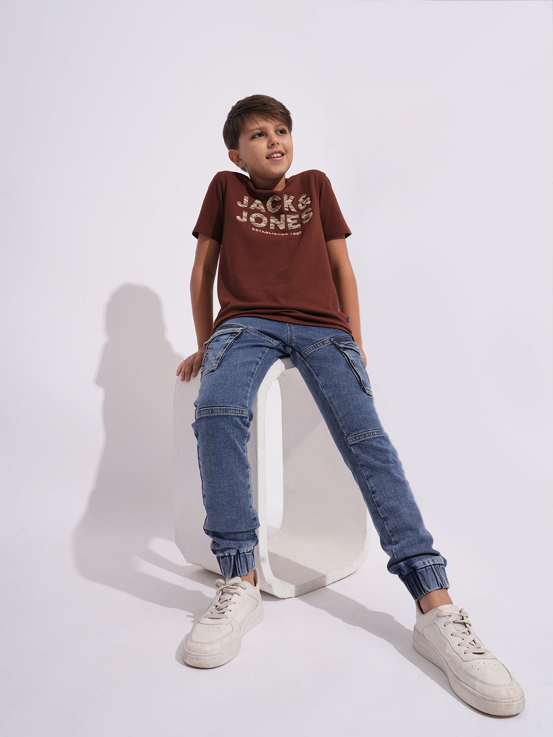 Boys Light Blue Washed Denim Cargo Joggers With Drawstring Waist