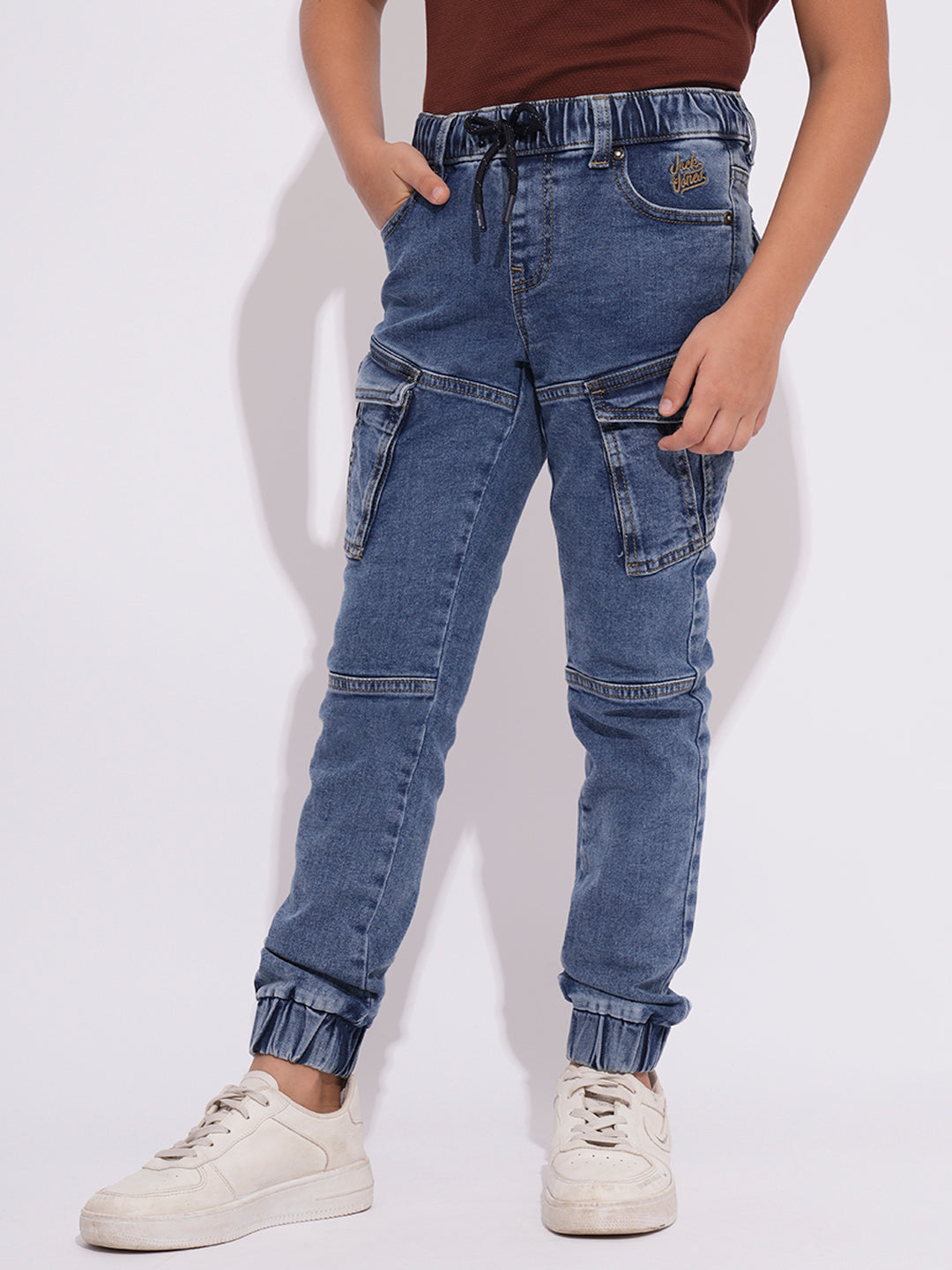Boys Light Blue Washed Denim Cargo Joggers With Drawstring Waist