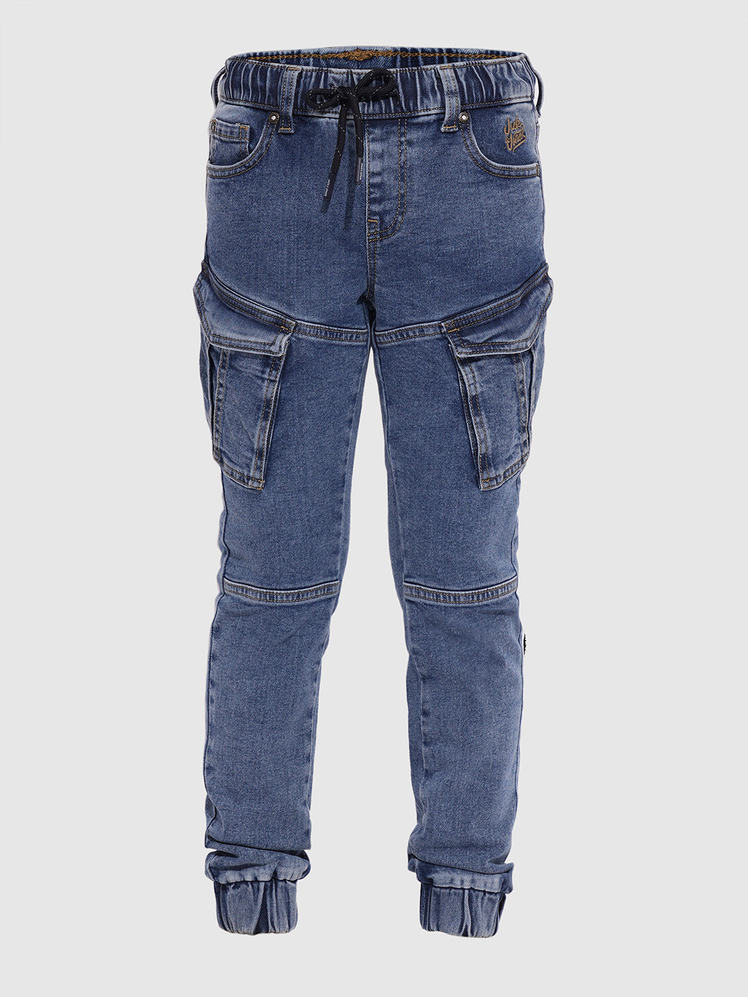 Boys Light Blue Washed Denim Cargo Joggers With Drawstring Waist