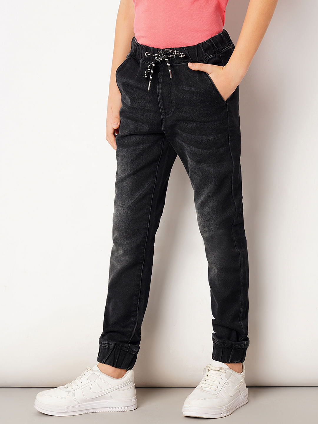 Dark Grey Mid Rise Denim Joggers