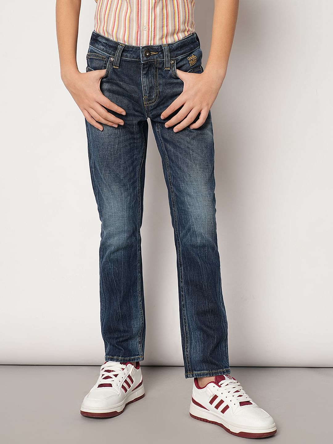 Boys Dark Blue Mid Rise Regular Fit Jeans