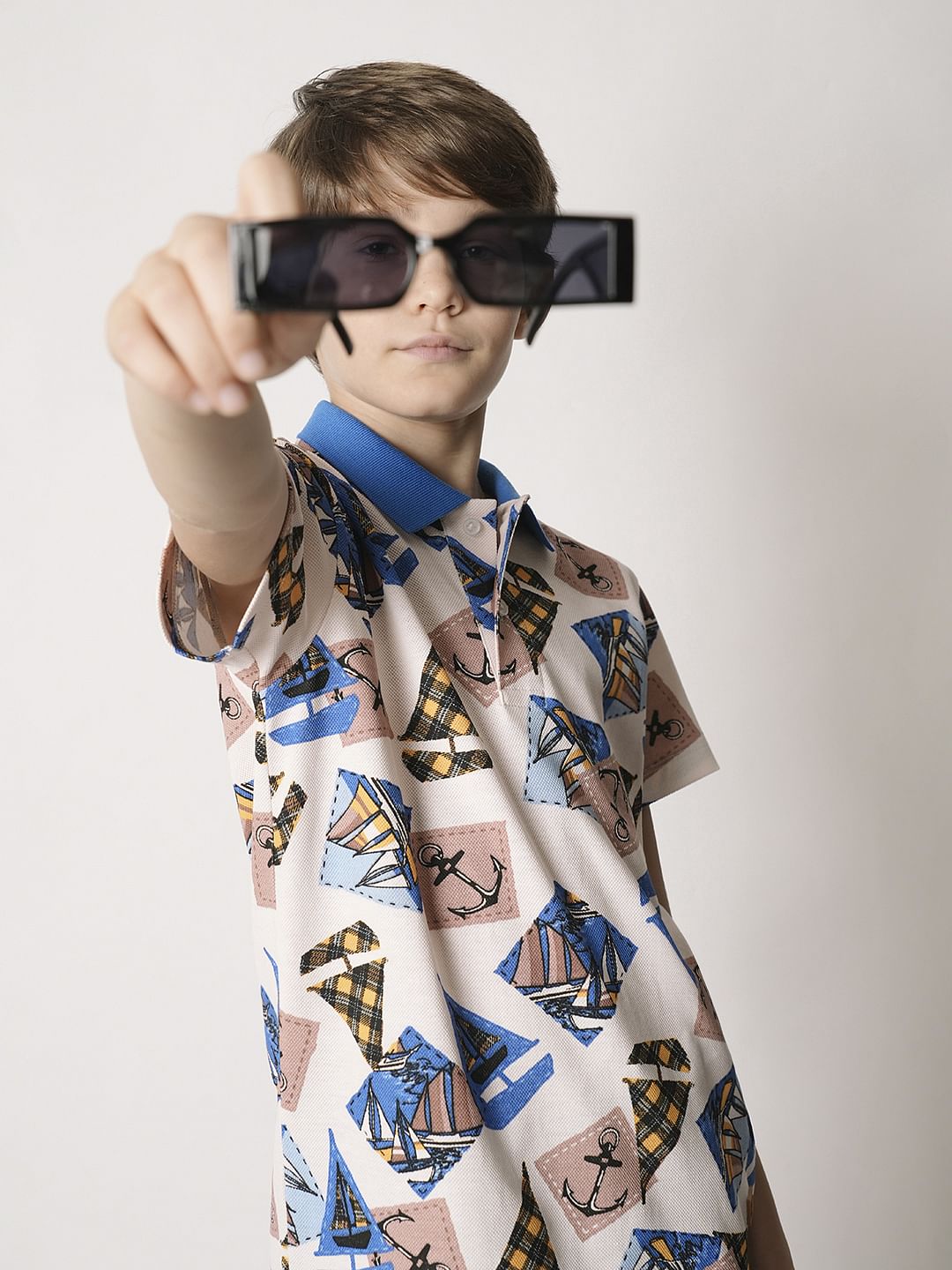 Boys Beige Boat Print Polo T-shirt - 5/6Y