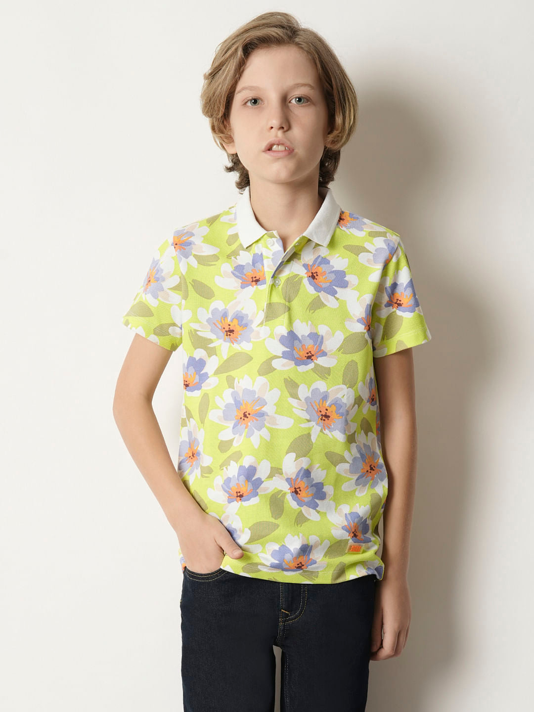 Boys Green Floral Polo T-shirt