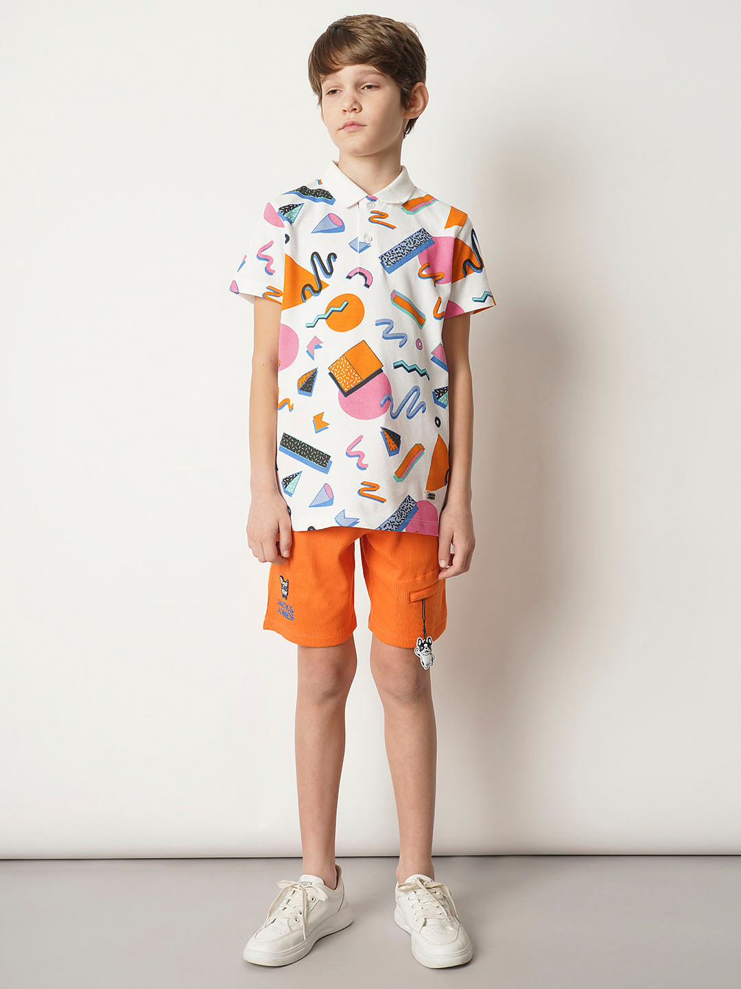 Boys White Printed Polo T-shirt