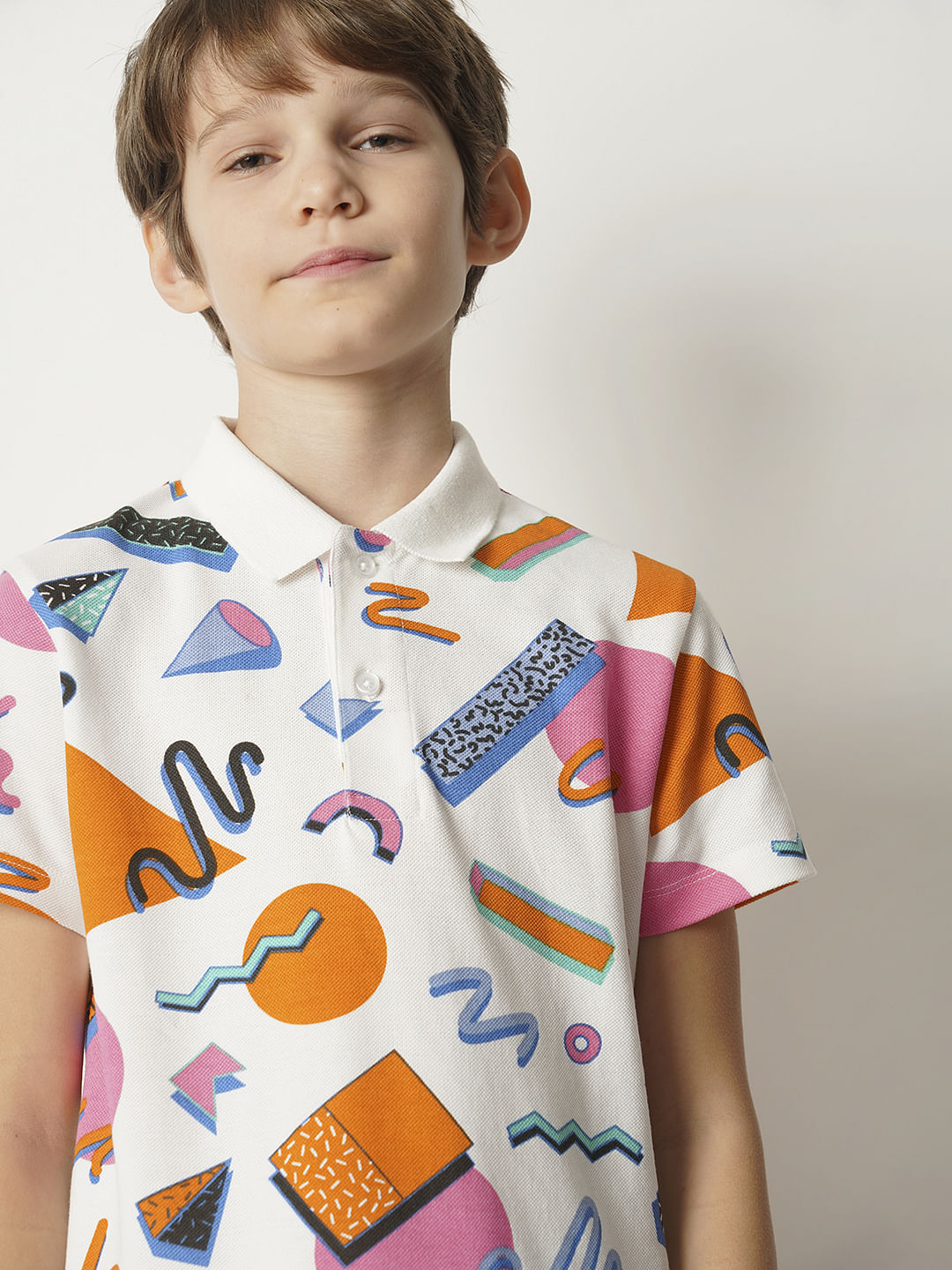 Boys White Printed Polo T-shirt