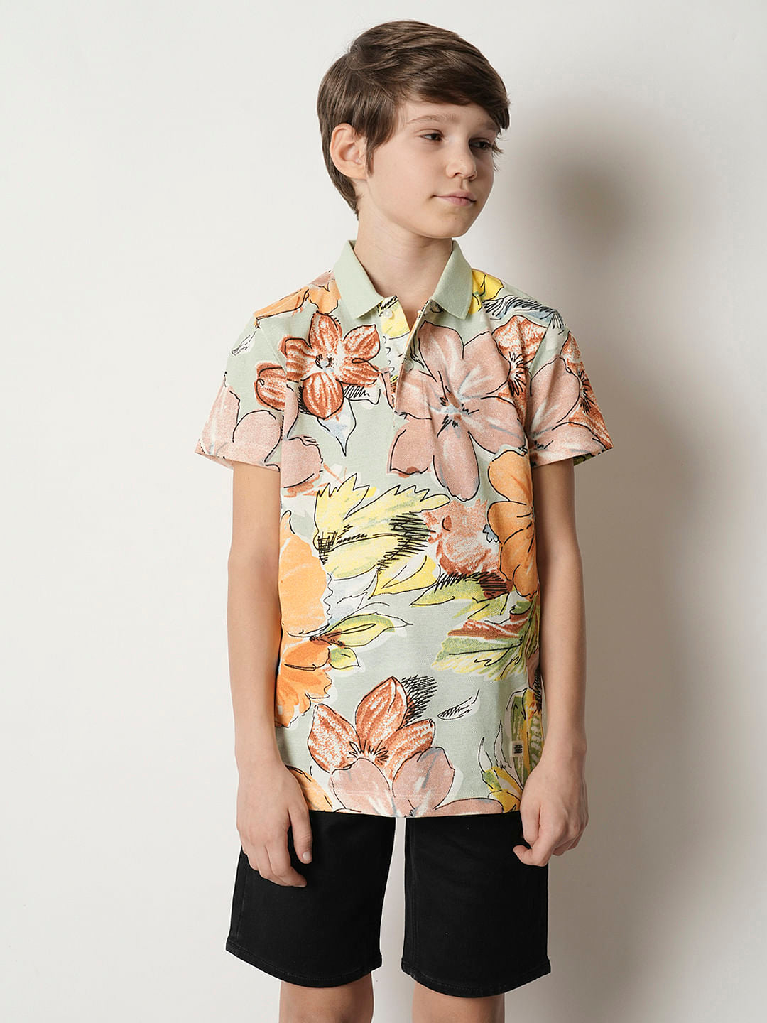 Boys Green Floral Polo T-shirt