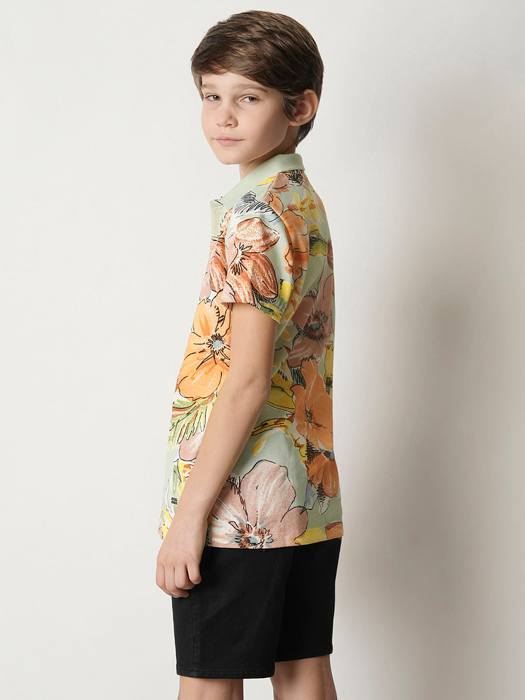 Boys Green Floral Polo T-shirt