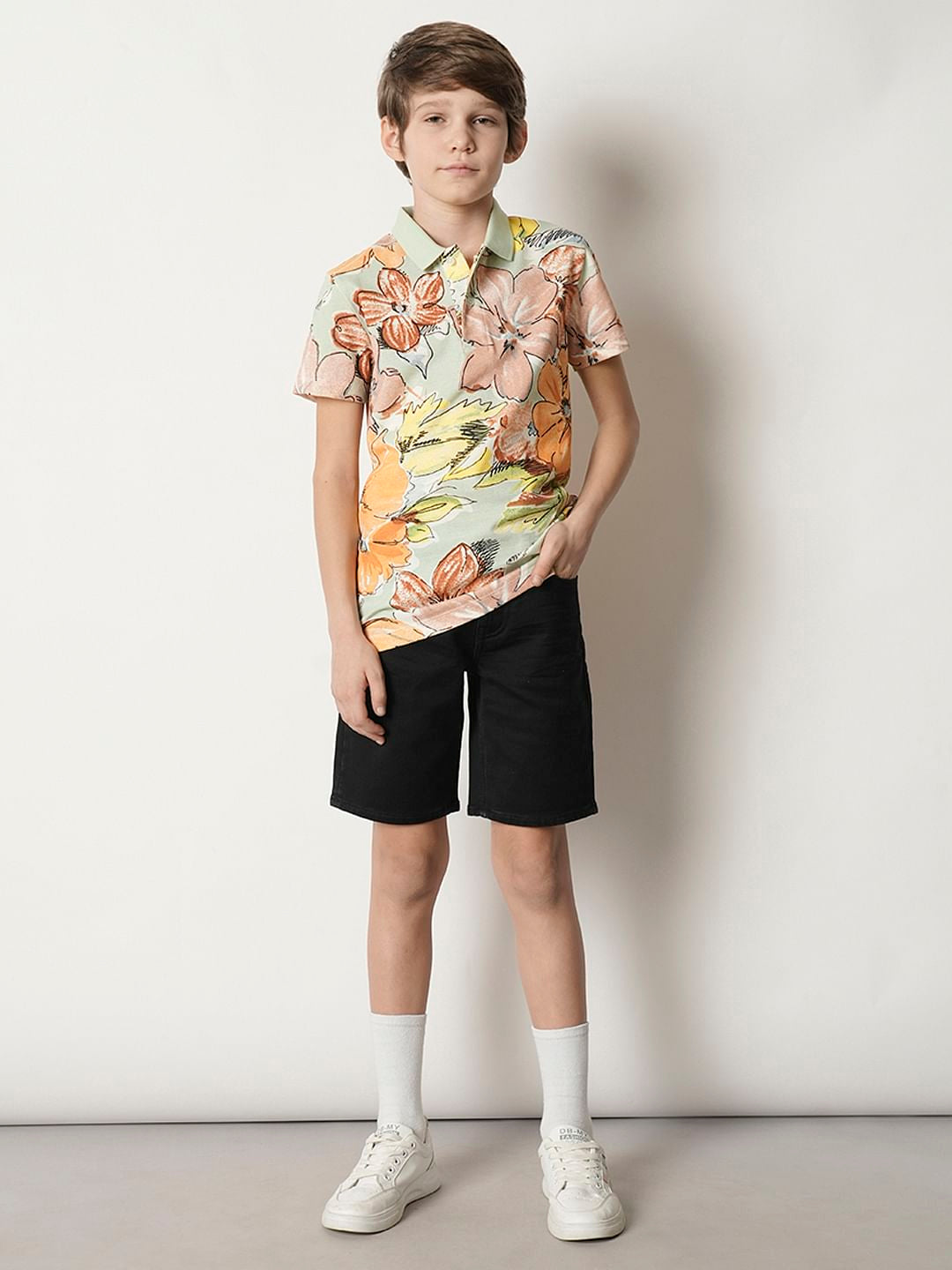 Boys Green Floral Polo T-shirt