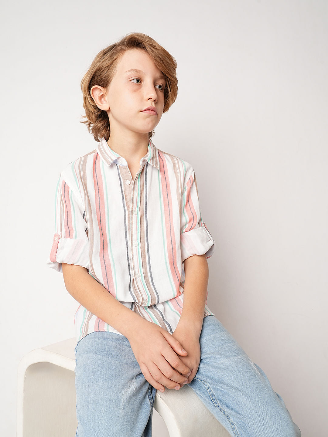 Beige Striped Full Sleeves Shirt - 6/7Y