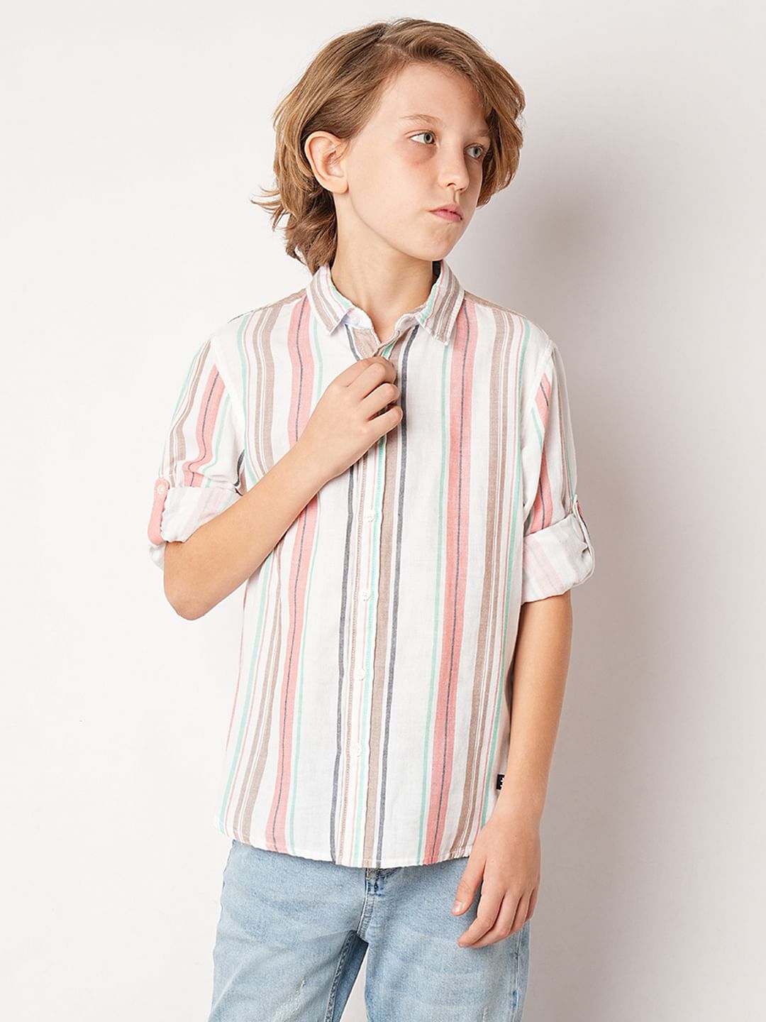 Beige Striped Full Sleeves Shirt