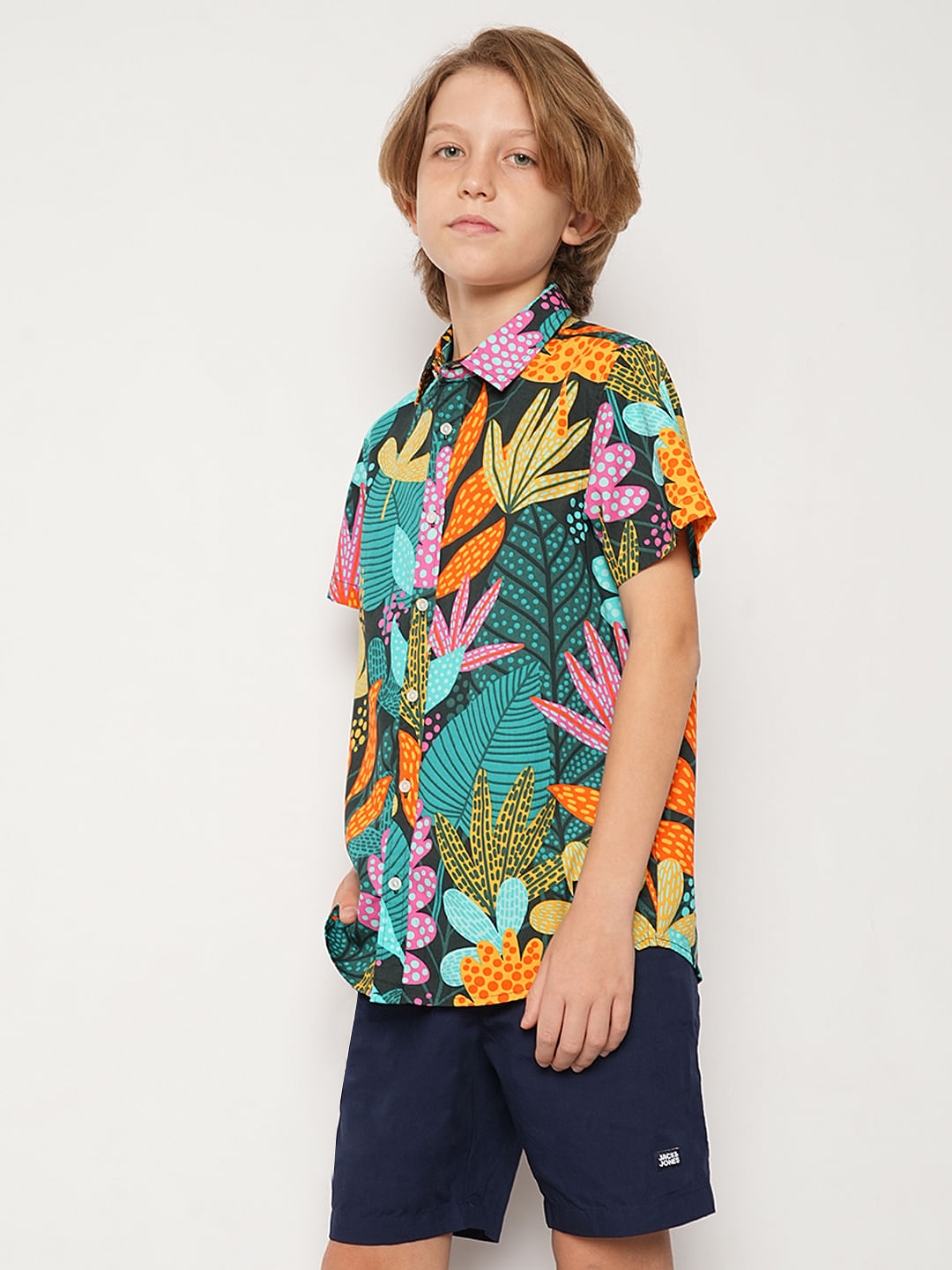 Boys Green Tropical Print Shirt