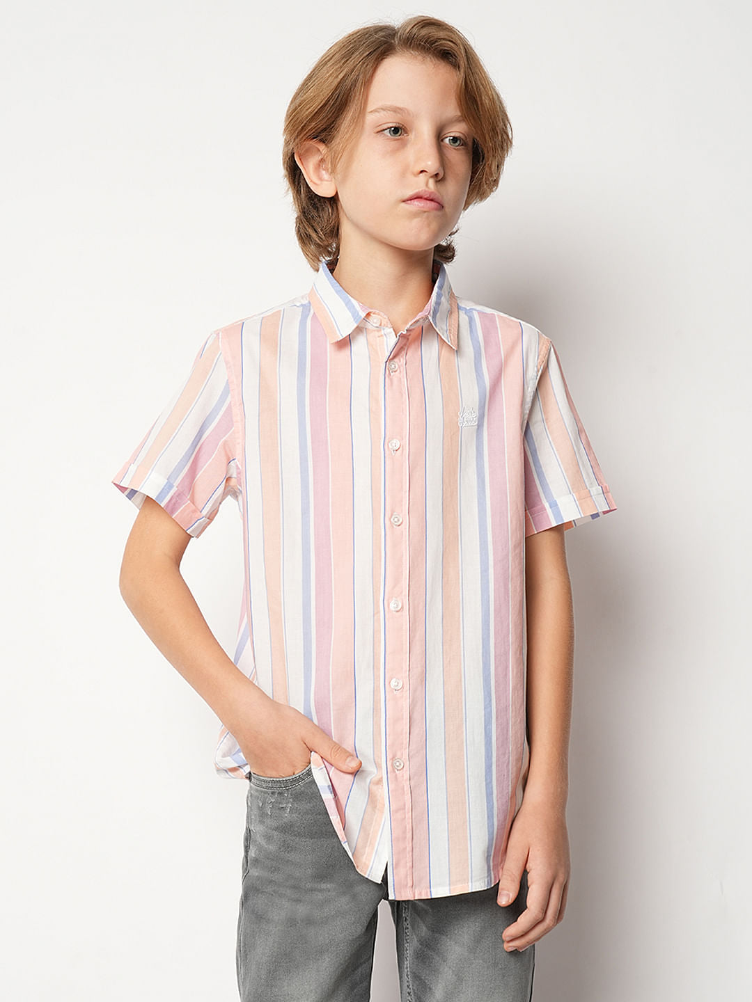 Boys Pink Striped Short Sleeves Shirt